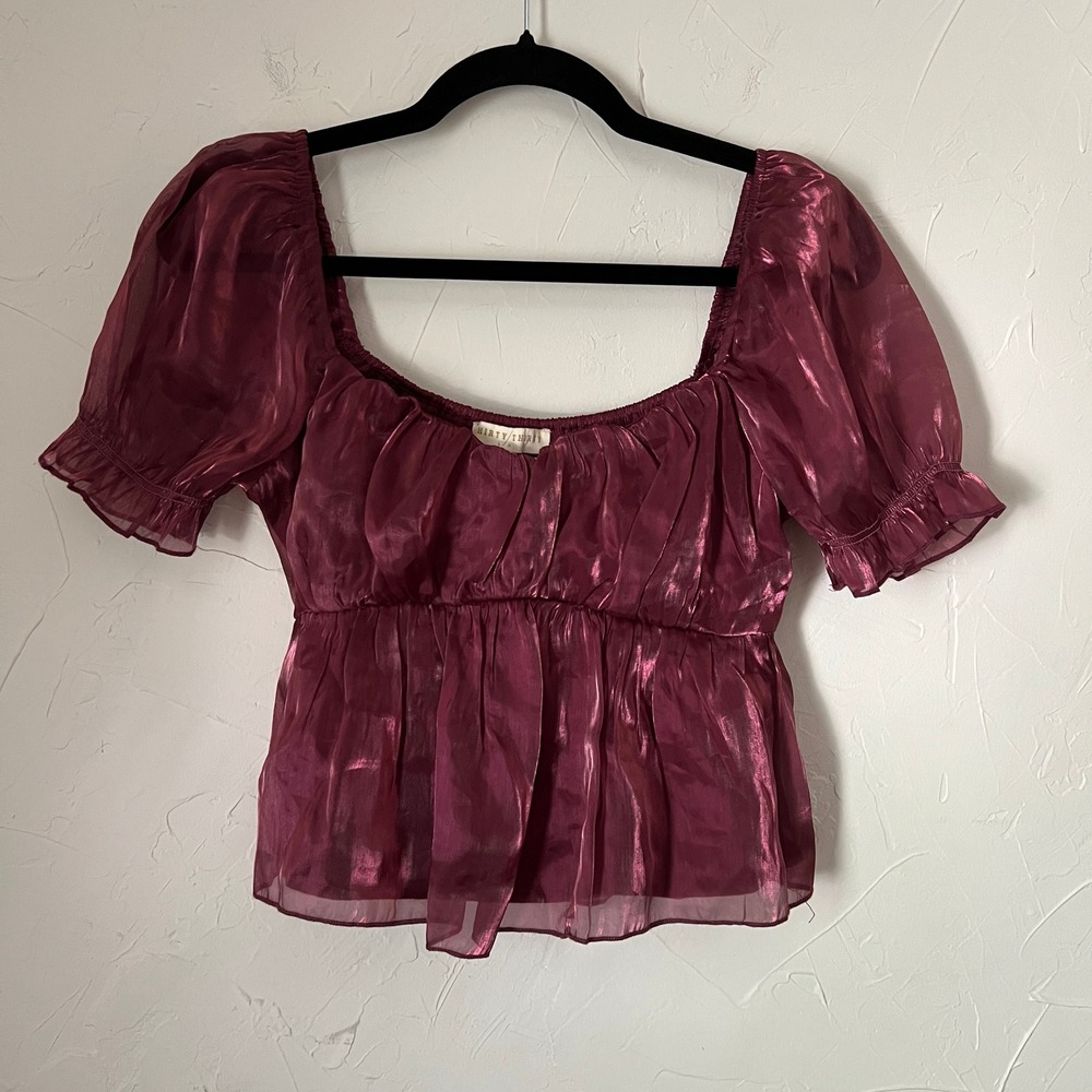 Thirty Thirty Metallic Organza Babydoll Top Puff Sleeve Burgundy Size Small - Picture 6 of 10